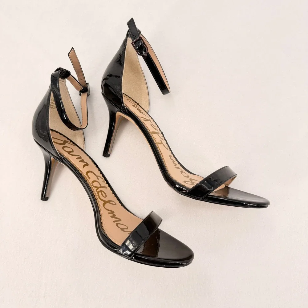 Sam Edelman Patti Heel Sandal Womens 8.5 Black Patent Stiletto Ankle Strap